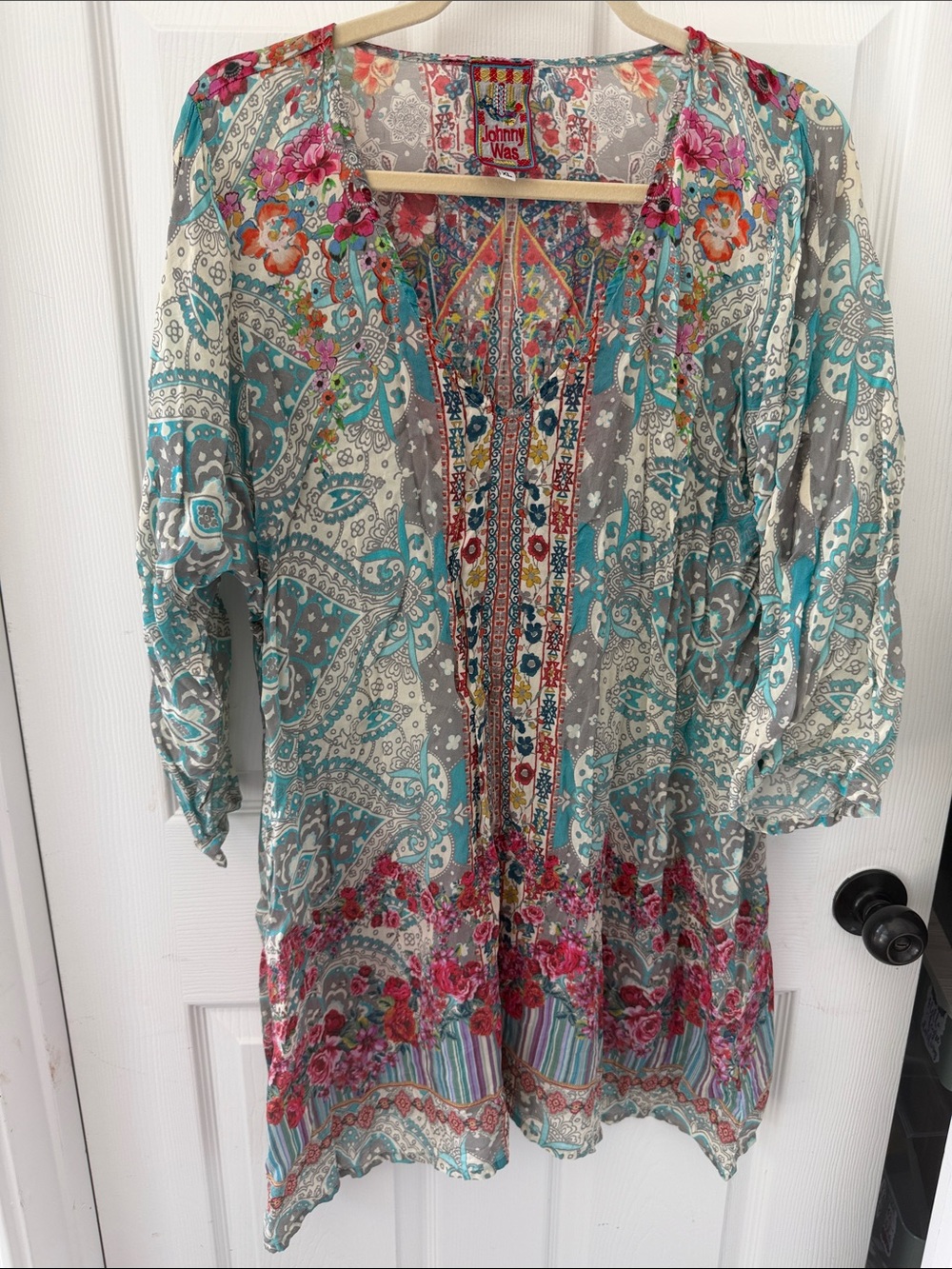 Johnny Was Teal Pink Gray Floral Paisley Tunic